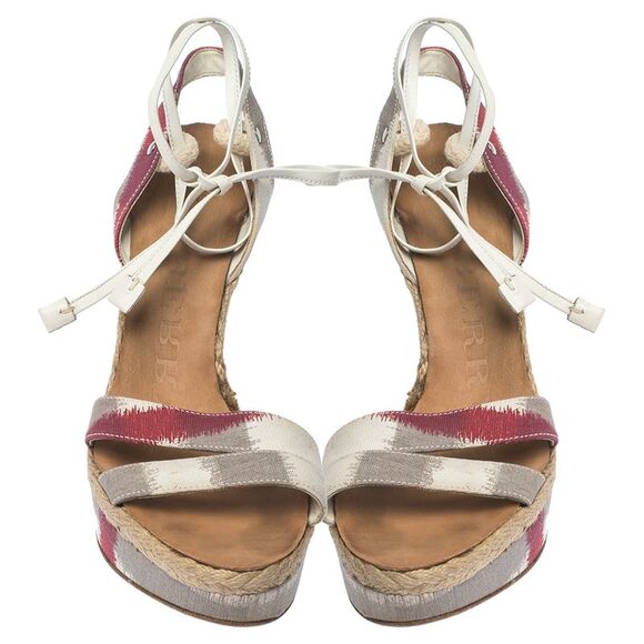 Burberry Multicolor Canvas and White Leather Ankle Wrap Platform Wedge Sandals - Picture 3 of 4
